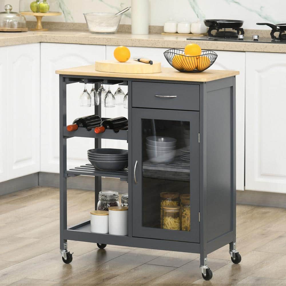 Gray Wood 30 in. Kitchen Island with 4-bottle Wine Rack, Stemware Holder, Shelves, Drawer and Cabinet price history on PriceWatchPro