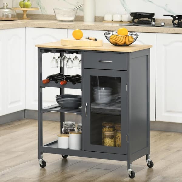 Lycvki Gray Wood 30 in. Kitchen Island with 4-bottle Wine Rack, Stemware Holder, Shelves, Drawer and Cabinet