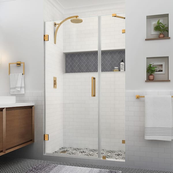 Aston Nautis XL 43.25 - 44.25 in. W x 80 in. H Hinged Frameless Shower Door in Brushed Gold with Clear StarCast Glass