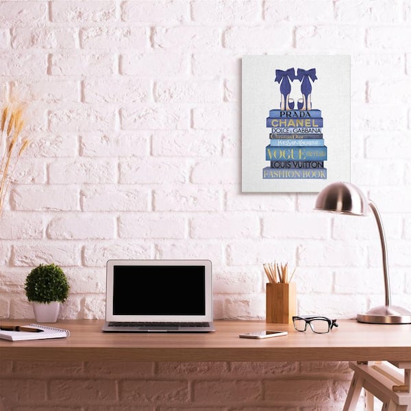 Stupell Industries Blue Bow Heels Above Iconic Designer Books by Amanda Greenwood Unframed Abstract Wood Wall Art Print 13 in. x 19 in., White