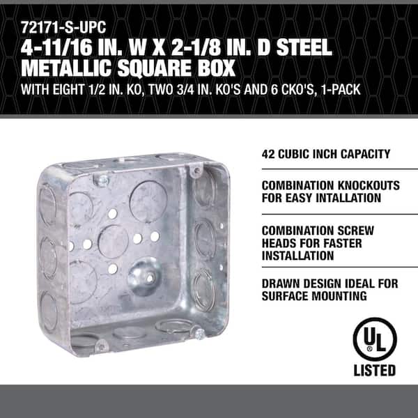 4-11/16 in. W x 2-1/8 in. D Steel Metallic Square Box with Eight 1/2 in.  KO, Two 3/4 in. KO's and 6 CKO's, 1-Pack