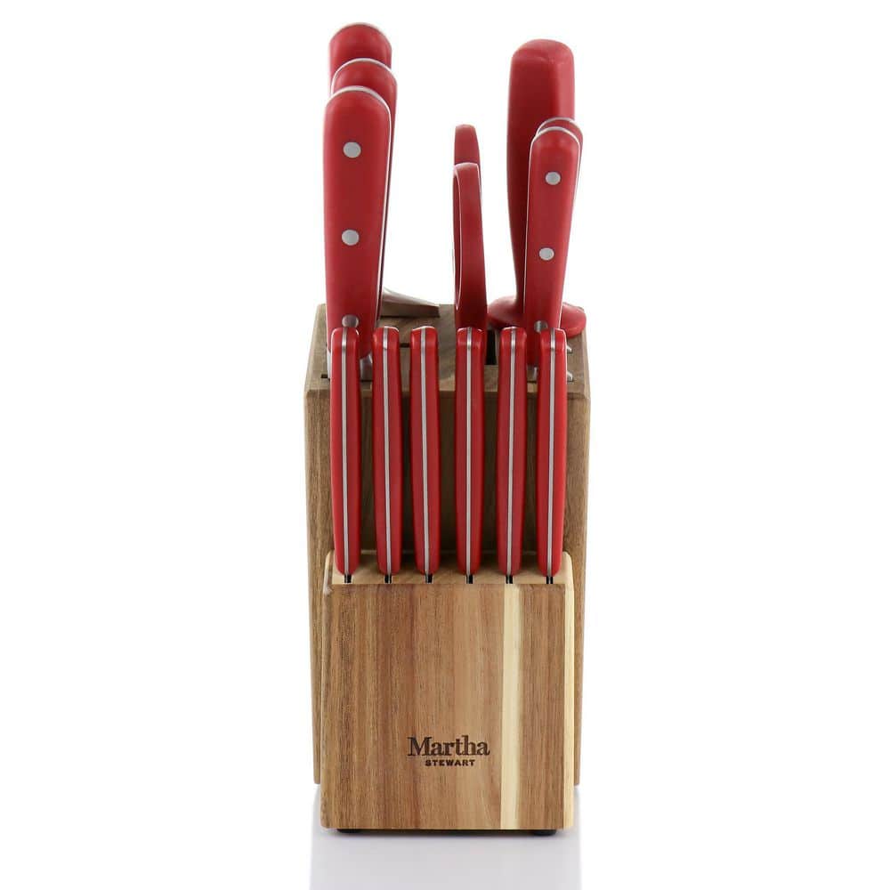 14-Piece Stainless Steel Cutlery Set with Acacia Wood Block, Red
