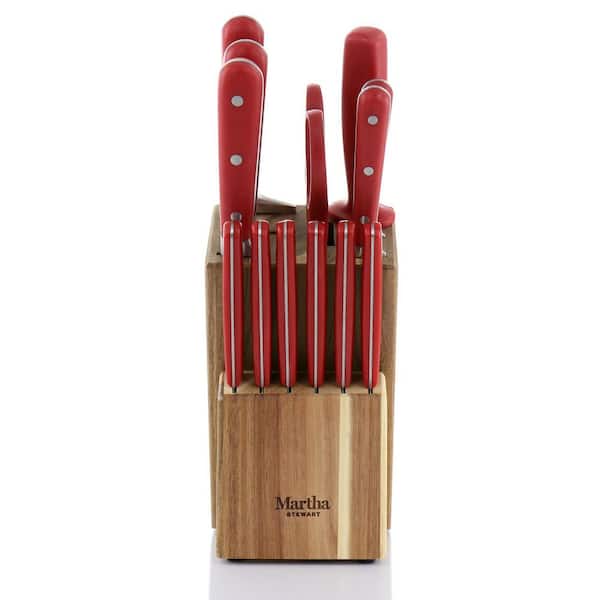 MARTHA STEWART Eastwalk 14 Piece High Carbon Stainless Steel Cutlery Knife  Block Set w/ABS Triple Riveted Forged Handle Acacia Wood Block - Linen