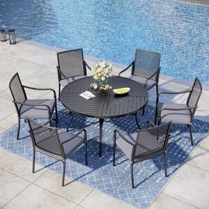 Black 7-Piece Metal Patio Outdoor Dining Sets with Extra-Large Round Table and Gourd-Shaped Chairs with Gray Cushions