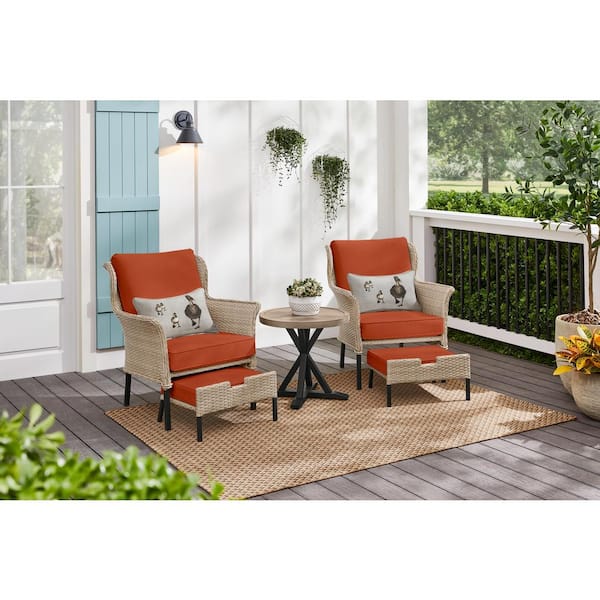 Hampton Bay Devonwood Light Brown 5-Piece Wicker Outdoor Patio Small Space Chat Seating Set with CushionGuard Quarry Red Cushions