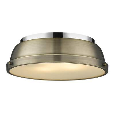 Duncan 14 in. 2-Light Chrome Flush Mount in with an Aged Brass Shade