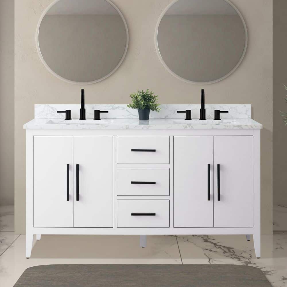 60 in. W x 22 in. D x 38 in. H Double Sink Bathroom Vanity Cabinet in White with Engineered Marble Top in White price history on PriceWatchPro