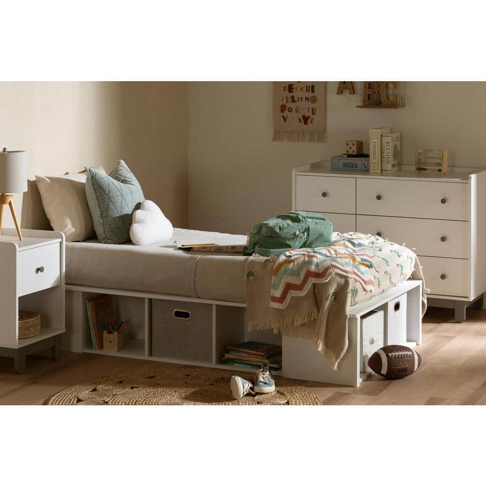 Twin White Wood Platform Bed with Storage Baskets