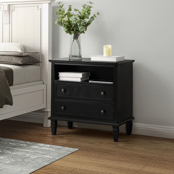 JAYDEN CREATION Juiien Traditional Farmhouse Solid Wood 2-Drawers Storage Nightstand with Charging Station and Adjustable Legs-Black