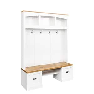 Farmhouse 4 in 1-Hall Tree with Wood Grain Bench and Top, with Black Hooks and Shell Handles, Adjustable Shelves, White