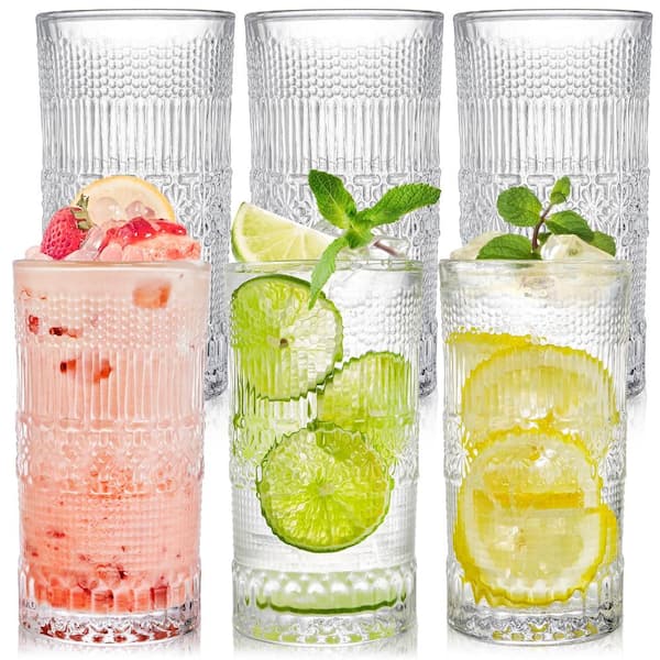 Highball Drinking Glasses Set of 6 Romantic Embossed Crystal Clear 13 oz. Tall Cups for Beer Juice Soda