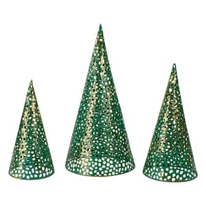Set of 3 Green and Gold Christmas Tabletop Cone Trees 16 in.