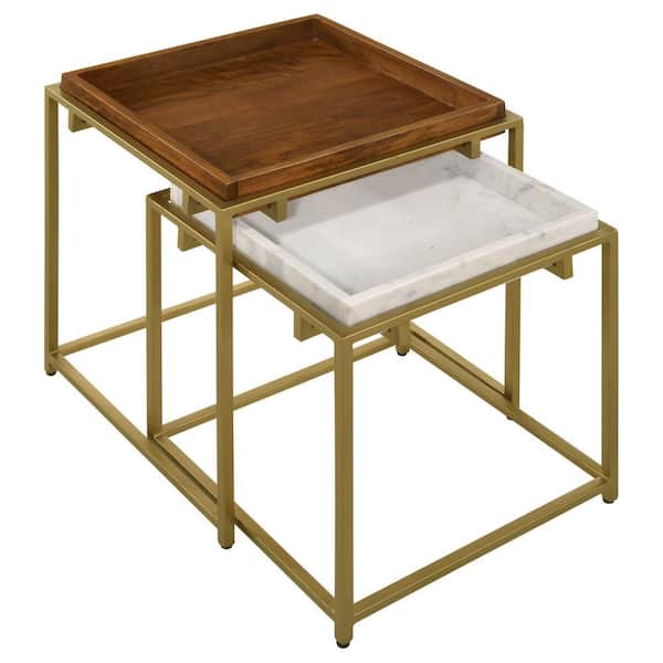 Benjara 18 in. Brown, White and Gold Square Wood and Marble Top End Table (Set of 2)