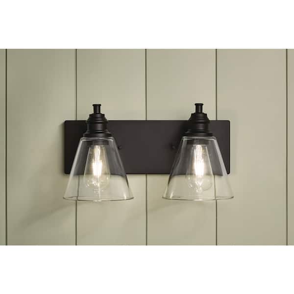 Manor 15.375 in. Width 2-Light Vanity Light Matte Black Finish Clear Glass Shades