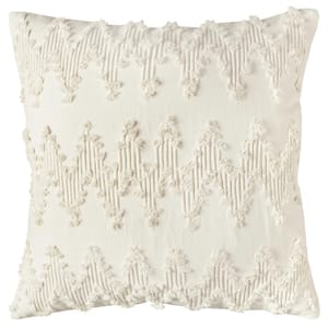 Ivory Chevron Frayed Cords Cotton Poly Filled 20 in. x 20 in. Decorative Throw Pillow