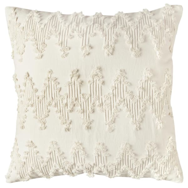 Unbranded Ivory Chevron Frayed Cords Cotton Poly Filled 20 in. x 20 in. Decorative Throw Pillow