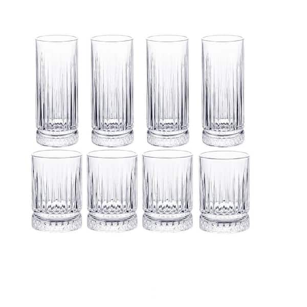 Wudkey Set of 8 Durable Glass Cups, 4 Highball Glasses 15 oz. & 4 Rocks Glasses 12oz. Glassware Set for Cocktail, Beer, Whiskey