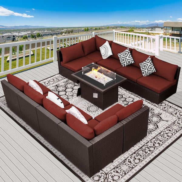 11-Piece Outdoor Espresso Wicker Deep Seating Patio Sofa Set with Red Cushions and 55,000 BTU Fire Pit Table