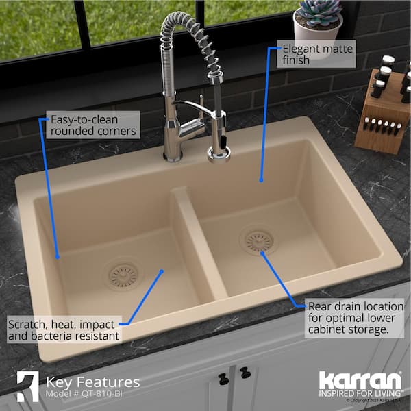 Black Quartz Kitchen Sink Double Bowl Drop-In Sink with Drain