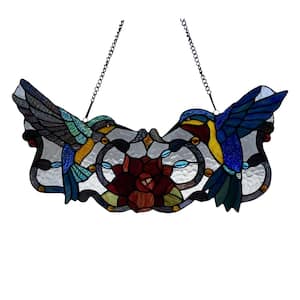 Multi-Colored Stained Glass Hummingbird Floral Window Panel