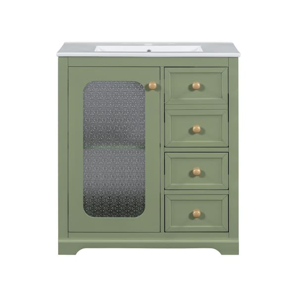 Ziyudura 30 in. Single Sink Freestanding Green Bath Vanity with White Ceramic Top, Adjustable Shelves, Glass Door