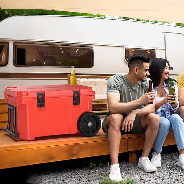 27.5 in. 55 qt. Cooler with Wheels, Warming Drawer, Leak-Proof Outdoor Insulated Cooler with Handle, Cup Holders, Red