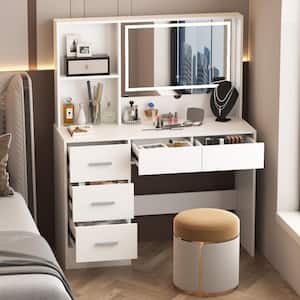 5-Drawers White Wood Makeup Vanity Table Dresser Sets Dressing Desk with LED Mirror and Open Shelves