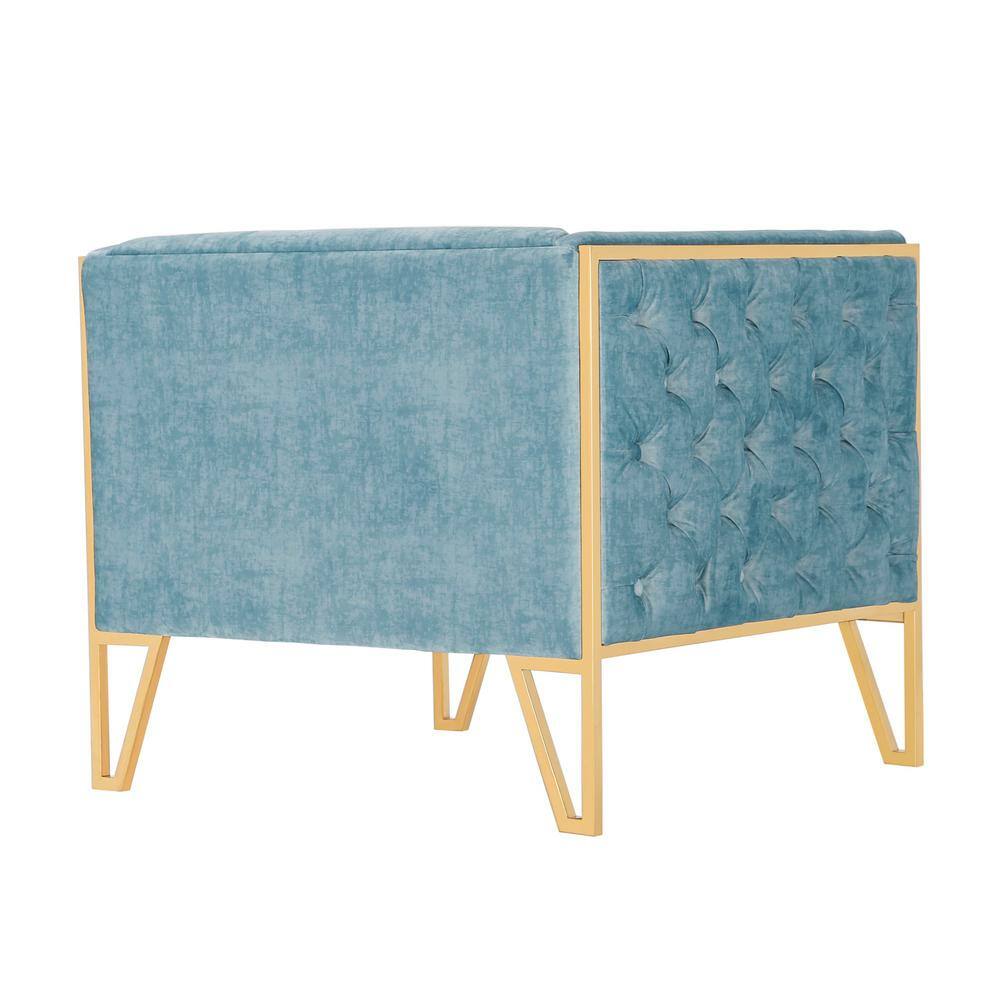 Ocean Blue Velvet Geometric Barrel Accent Chair with Metal Base