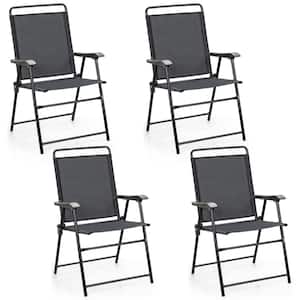 Black Folding Metal Outdoor Lounge Chair with Armrest and High Backrest in Grey (4-Pack)