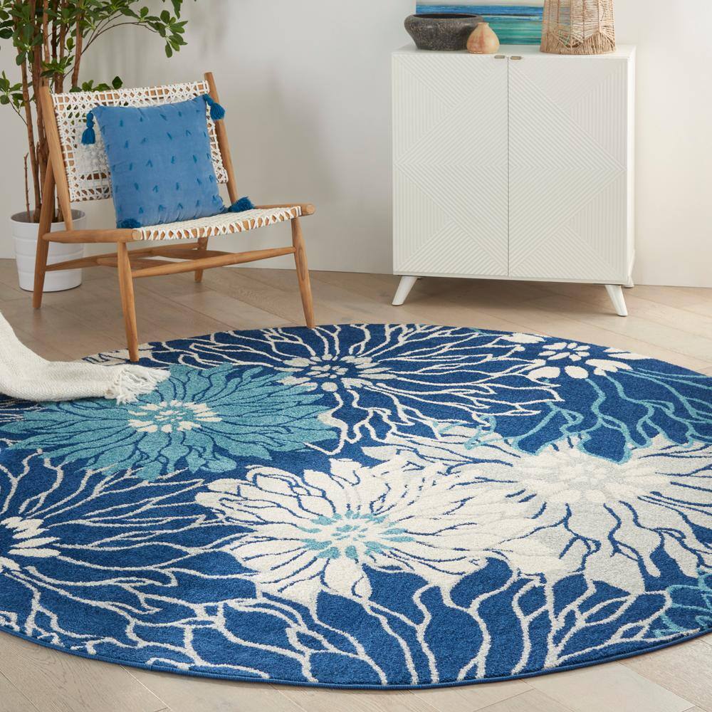 Navy and Ivory Round Floral Synthetic Area Rug, 8 ft