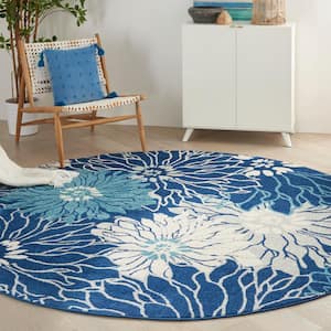 Passion Navy/Ivory 8 ft. x 8 ft. Floral Contemporary Round Area Rug