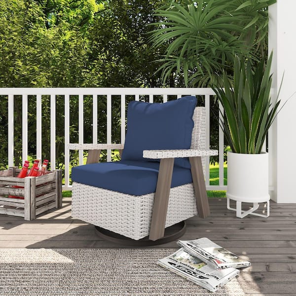 Wicker Swivel Outdoor Rocking Chair Lounge Chair with Ergonomic Armrests and Thick Fade-Resistant Dark Blue Cushions