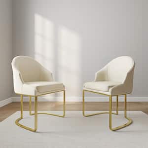 Modern Style Luxury Beige Leather Upholstered Dining Chair with Golden Stainless Steel Legs (Set of 2)
