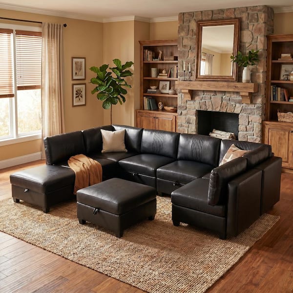 128.35 in. 8-Piece Faux Leather Convertible Modular Sectional Sofa with 2 Ottomans and Hidden Storage in Black