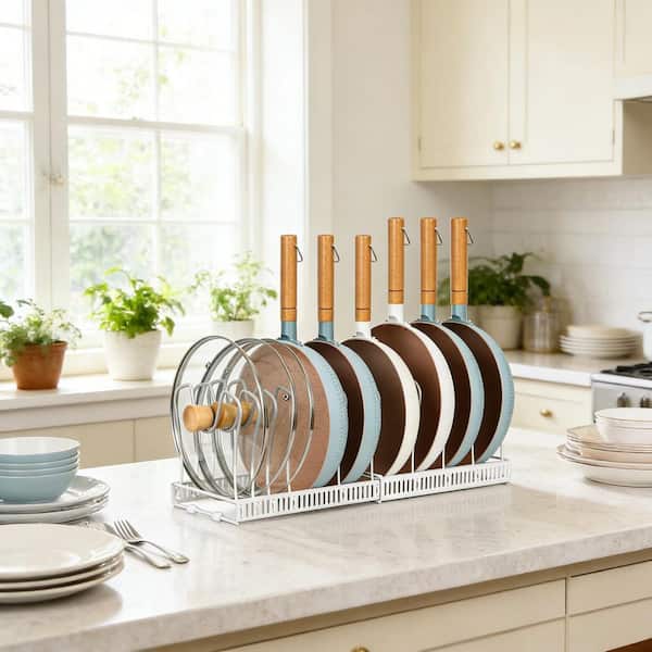 White Expandable Pot Rack Pot and Pan Organizer with 10 Adjustable Compartment for Kitchen Cookware and Pot Lid Storage