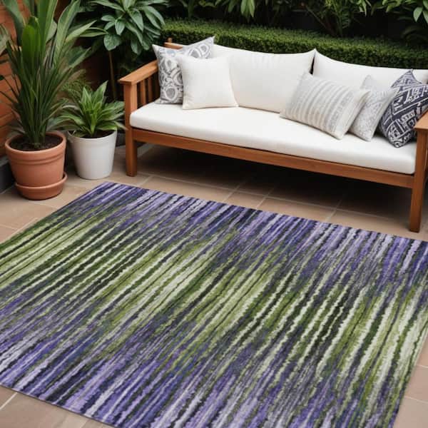 Purple, Lilac, Lavender 8 ft. x 10 ft. Woven Striped Polyester Rectangle Indoor/Outdoor Area Rug