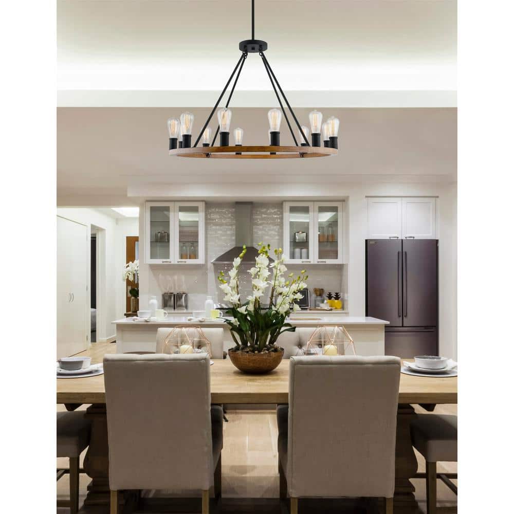 Jericho 36" Black and Wood Farmhouse Chandelier