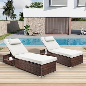 2 Pcs Brown Wicker Outdoor Chaise Lounge with Beige Cushions (Set of 2)