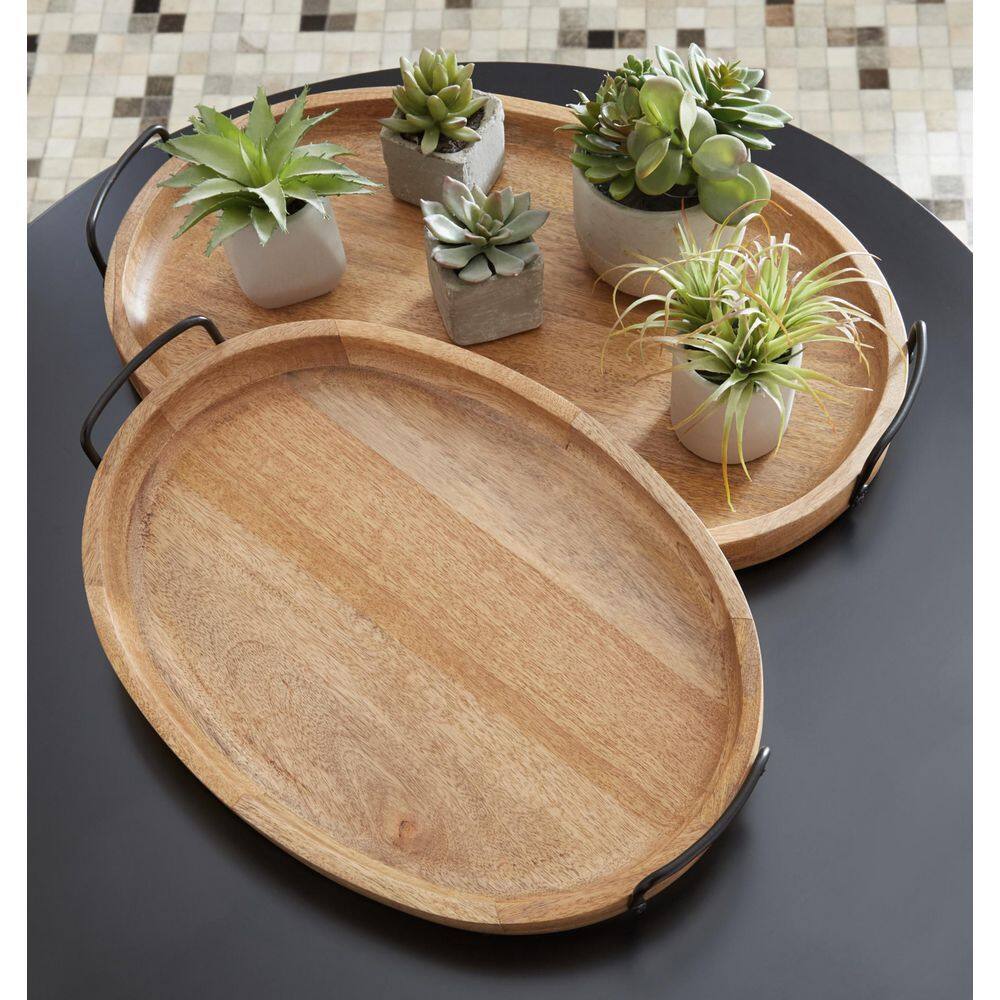 Jocelyne Contemporary 17" Brown Wood & Metal Serving Tray Set