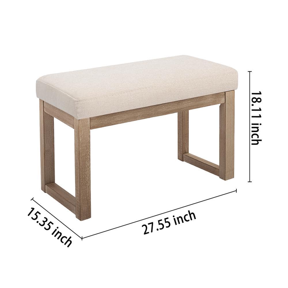 Beige Linen Upholstered Wood Leg Ottoman Bench