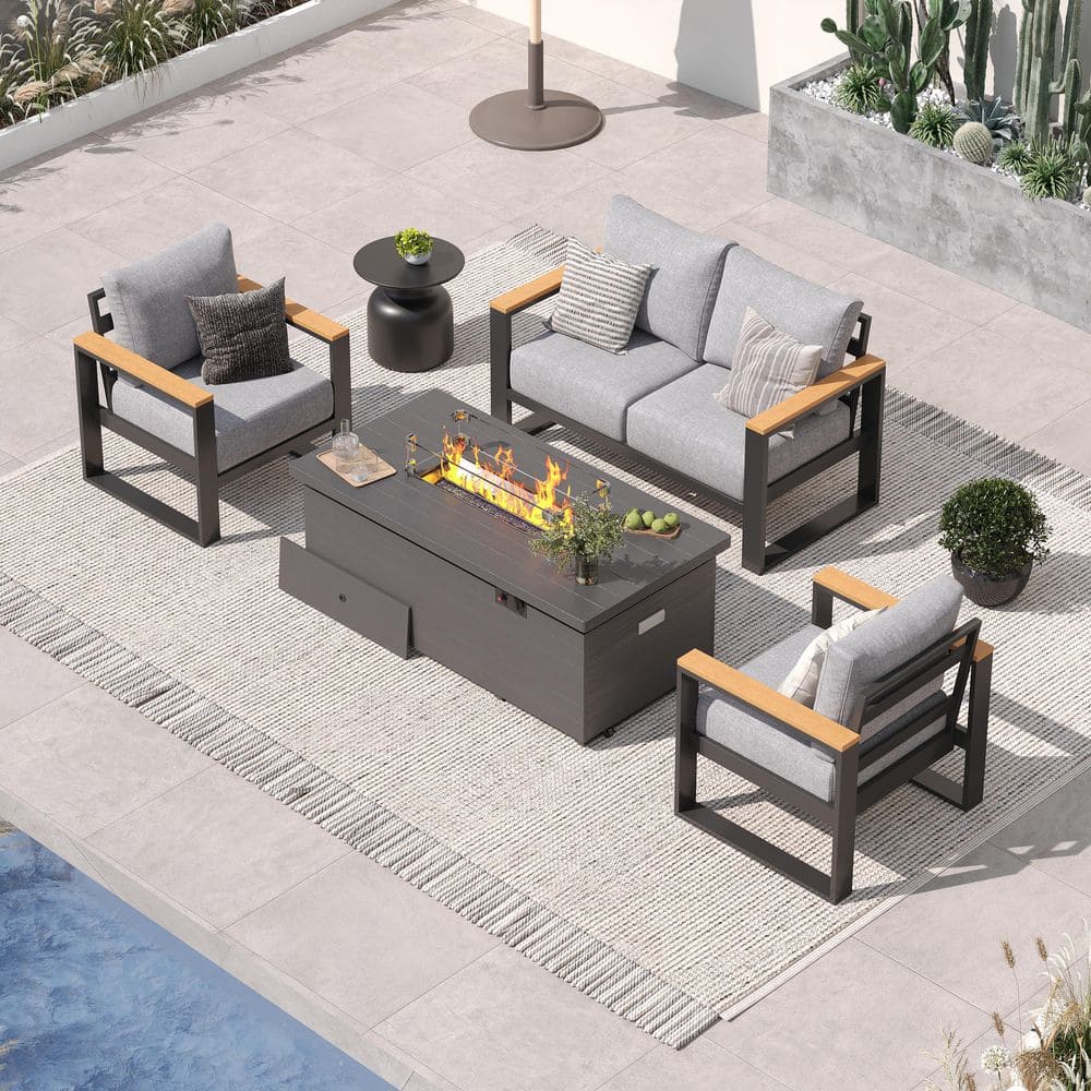 4-Piece Aluminum Patio Conversation Set with 51 in. Fire Pit Table and 4-Seat with Grey Cushions price history on PriceWatchPro