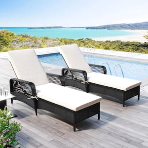 Wicker Outdoor Chaise Lounge Chair Sun Lounger Adjustable Backrest with Cushion in Beige (2 set)