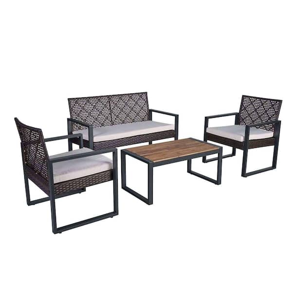 Unbranded 4-Piece Morden Hot Sale Wicker Outdoor Patio Conversation Set with Coffee Table, Beige Cushion for Balcony Garden Yard