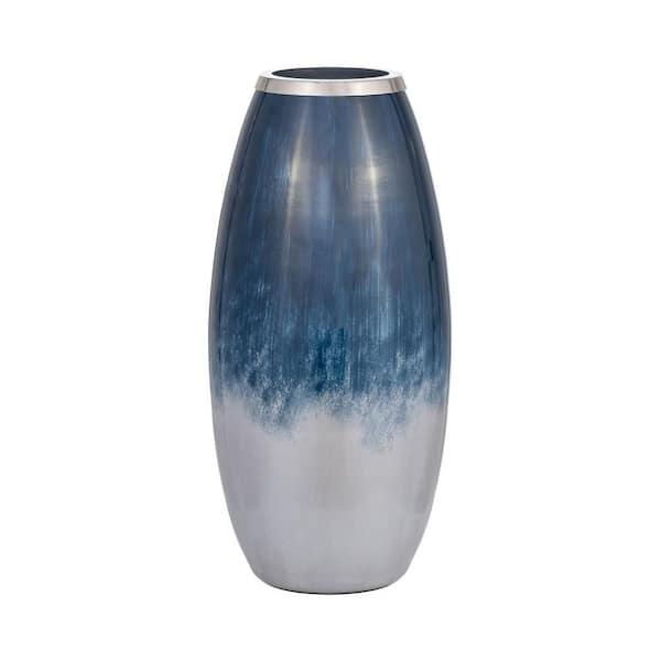 18 in. Blue and White Ombre Glass Round Decorative Vase