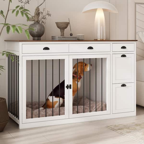 FUFU&GAGA Modern Large Dog Crate with 5-Drawers, Wooden Dog House Dog Cage Storage Cabinet for Medium Small Dogs, White