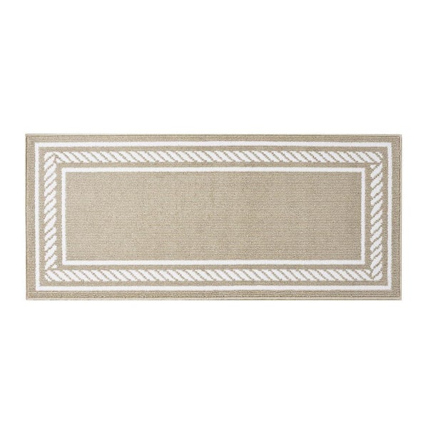 Washable Skid Resistant Beige /White 2.2 ft. x 6 ft. All Loop Tufted Area Rug