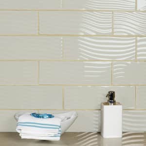 Coastal Design Style Glossy Cream Subway 4 in. x 12 in. Textured Glass Decorative Tile (11 sq. ft./Case)