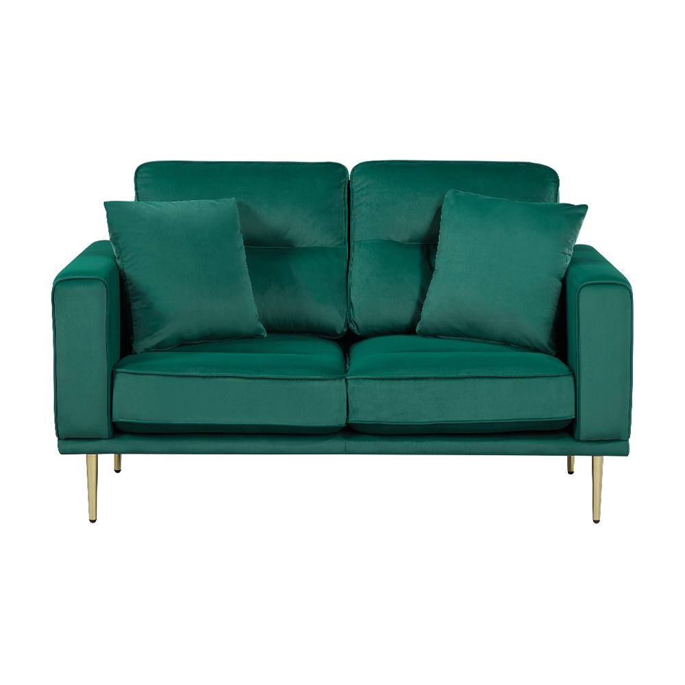 Green Velvet Loveseat with Gold Metal Legs and Track Arms