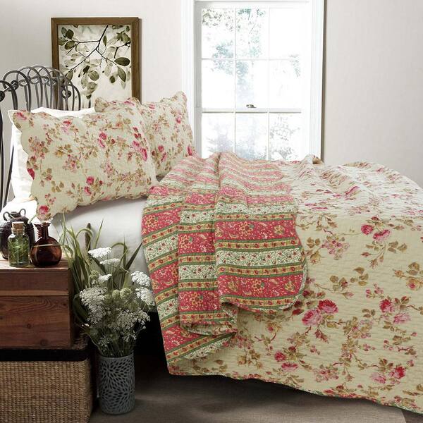 BEAUTIFUL REVERSIBLE ROSE FLOWER VINTAGE YELLOW RED GREEN GOLD PINK QUILT SET 