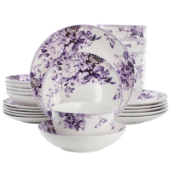 Traditional Purple Rose 24-Piece Stoneware Double Bowl Dinnerware Set